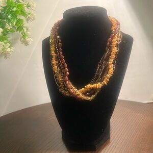 Rich toned brown and tan multi-strand beaded necklace w/ lobster clasp & ext.